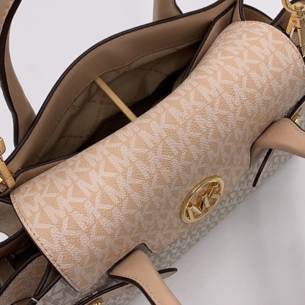 Michael Kors Carmen Medium Logo and Faux Leather Belted Satchel - Picture 10 of 16